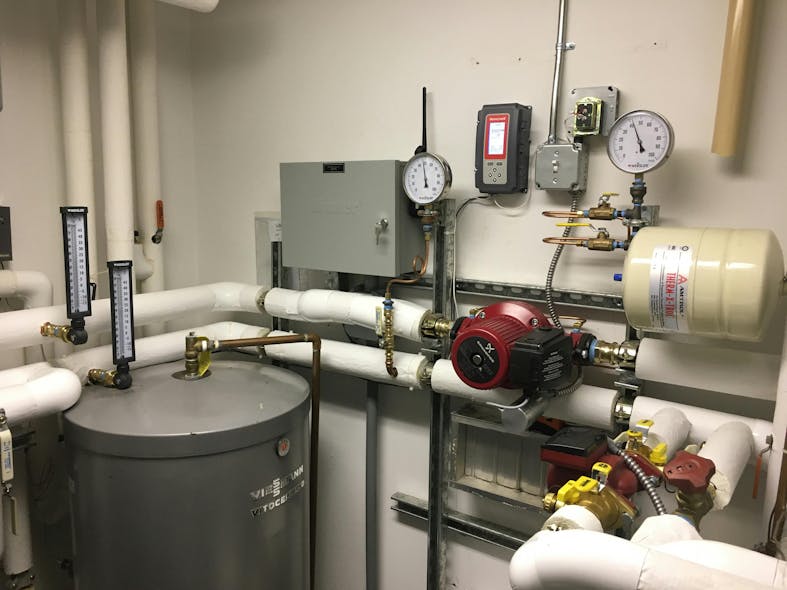 Fluid cooler supply return with circulator and heat pump supply return in the carriage house mechanical room.