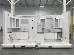 The Saniflo Rear Discharge Toilet is located on the left side in this Boxabl studio apartment. The Saniflo Rear Discharge Toilet is located on the left side in this Boxabl studio apartment.