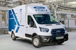 A hydrogen fuel cell Ford E-Transit at the company&apos;s Dagenham facility