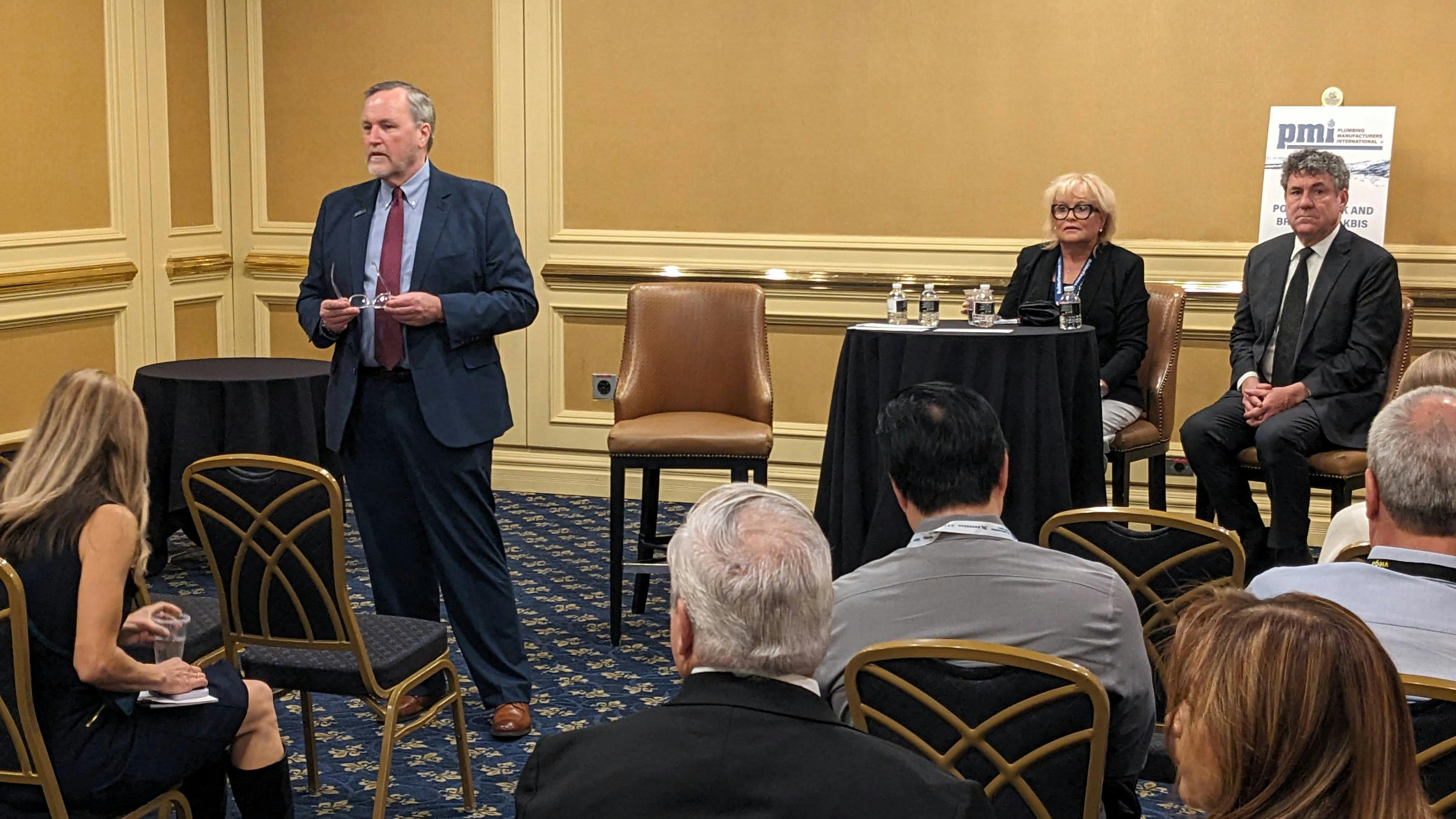 PMI CEO/Executive Director Kerry Stackpole offers his opening remarks as PMI's Federal Government Affairs Consultant Stephanie Salmon and PMI&rsquo;s California Government Affairs Consultant Jerry Desmond look on.