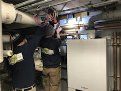 Pressing large fittings in the correct order to avoid getting pressed into a corner. Pressing large fittings in the correct order to avoid getting pressed into a corner.