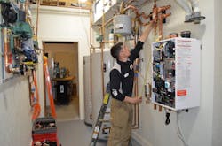 Vertex Mechanical jobsite supervisor Jared Fox completes installation of a Taco hydraulic separator. Vertex Mechanical jobsite supervisor Jared Fox completes installation of a Taco hydraulic separator.