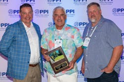 Doug Weishaar (center) and Terry McConnell (right) of Evonik receive the Energy Piping Systems Division’s Project of the Year Award from PPI President David Fink. Doug Weishaar (center) and Terry McConnell (right) of Evonik receive the Energy Piping Systems Division’s Project of the Year Award from PPI President David Fink.