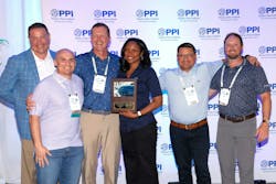 David Fink, president of PPI, congratulates the Municipal & Industrial Division’s Project of the Year winners from AGRU, from left to right, Anthony Johnson, Gunther Niedermoser, Natasha Arguijo, Edgardo Cornejo, and Nick Bezdek. David Fink, president of PPI, congratulates the Municipal & Industrial Division’s Project of the Year winners from AGRU, from left to right, Anthony Johnson, Gunther Niedermoser, Natasha Arguijo, Edgardo Cornejo, and Nick Bezdek.