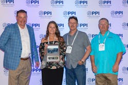 David Fink, president of PPI with the winners of the Project of the Year for the association’s Power & Communications Division, Jennifer Reeves, Scott LeDane and Rodney Swirczynski of Petroflex, N.A. David Fink, president of PPI with the winners of the Project of the Year for the association’s Power & Communications Division, Jennifer Reeves, Scott LeDane and Rodney Swirczynski of Petroflex, N.A.