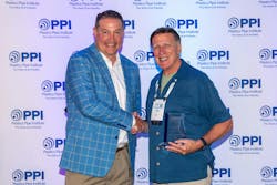 David Fink, PPI president (left) congratulates Steve Sandstrum of Borealis for being named Member of the Year for the association’s Building & Construction Division. David Fink, PPI president (left) congratulates Steve Sandstrum of Borealis for being named Member of the Year for the association’s Building & Construction Division.
