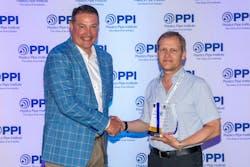 David Fink, PPI President (left) congratulates Stefan Lukpe, Corma, for being named Member of the Year for the association’s Drainage Division. David Fink, PPI President (left) congratulates Stefan Lukpe, Corma, for being named Member of the Year for the association’s Drainage Division.