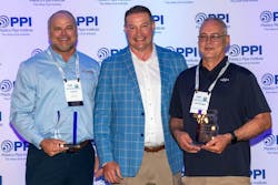 Jeremy Harris, Plasson USA (left) and Jeff Wright, GF Central (right), with PPI President David Fink, were part of the Municipal Advisory Board’s training program on fusion and electrofusion. Not pictured but also being named a Member of the Year for the Municipal & Industrial Division were Billy Conatzer, McElroy, and Mike Anson, GF Central. Jeremy Harris, Plasson USA (left) and Jeff Wright, GF Central (right), with PPI President David Fink, were part of the Municipal Advisory Board’s training program on fusion and electrofusion. Not pictured but also being named a Member of the Year for the Municipal & Industrial Division were Billy Conatzer, McElroy, and Mike Anson, GF Central.
