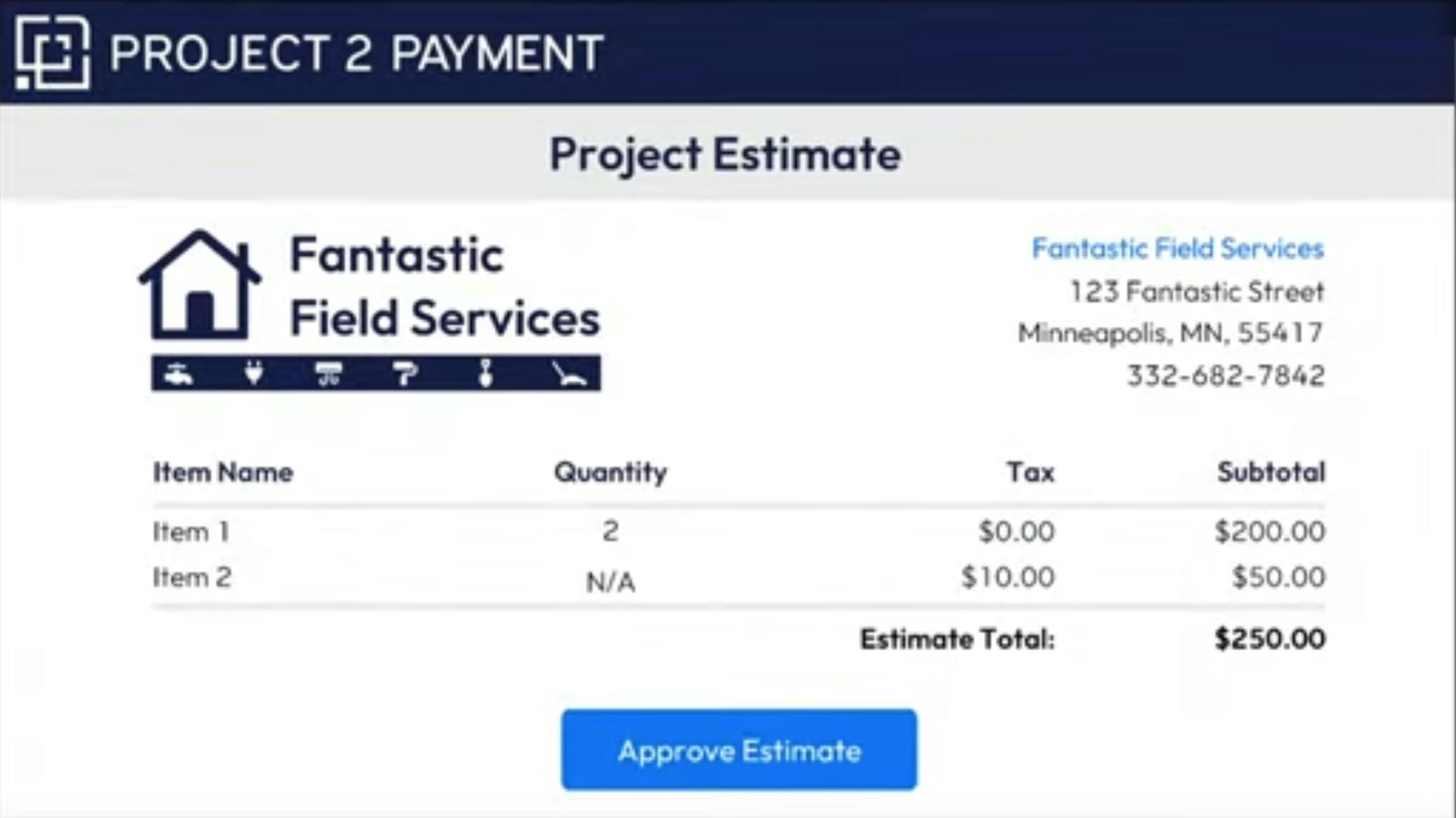 A sample project estimate from Project2Payment.