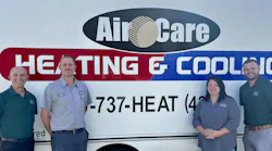 Leap Partners CEO John Cerasuolo; Air Care owner Chet Lovall; Kristi Toth, VP of HR, Safety and Risk; and Mitch Mobley, regional VP of Operations, smile together for a photo during the acquisition of Air Care.