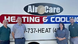 Leap Partners CEO John Cerasuolo; Air Care owner Chet Lovall; Kristi Toth, VP of HR, Safety and Risk; and Mitch Mobley, regional VP of Operations, smile together for a photo during the acquisition of Air Care. Leap Partners CEO John Cerasuolo; Air Care owner Chet Lovall; Kristi Toth, VP of HR, Safety and Risk; and Mitch Mobley, regional VP of Operations, smile together for a photo during the acquisition of Air Care.