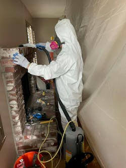 A DRYmedic Restoration Services technician (California) is equipped with personal protection equipment while cleaning a customer’s home. A DRYmedic Restoration Services technician (California) is equipped with personal protection equipment while cleaning a customer’s home.