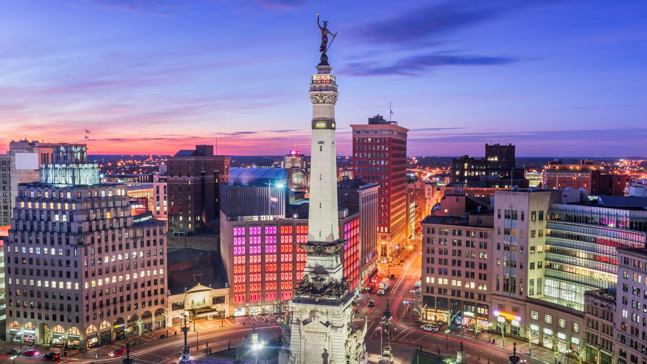 Skyline of downtown Indianapolis, as seen from Monument Circle.