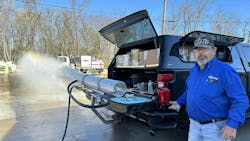 A very high-efficiency Tier-3 nozzle running 60 gallons a minute at 2,000 PSI will impact a plate nine feet away with 98 pounds of force. A very high-efficiency Tier-3 nozzle running 60 gallons a minute at 2,000 PSI will impact a plate nine feet away with 98 pounds of force.