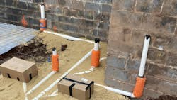 Trent Plumbing, Heating and Cooling installed 100 feet of 4' PVC, 100 feet of 3' PVC, 200 feet of 2' PVC, and 100 feet of 1.5' PVC, before the concrete was poured. Trent Plumbing, Heating and Cooling installed 100 feet of 4' PVC, 100 feet of 3' PVC, 200 feet of 2' PVC, and 100 feet of 1.5' PVC, before the concrete was poured.