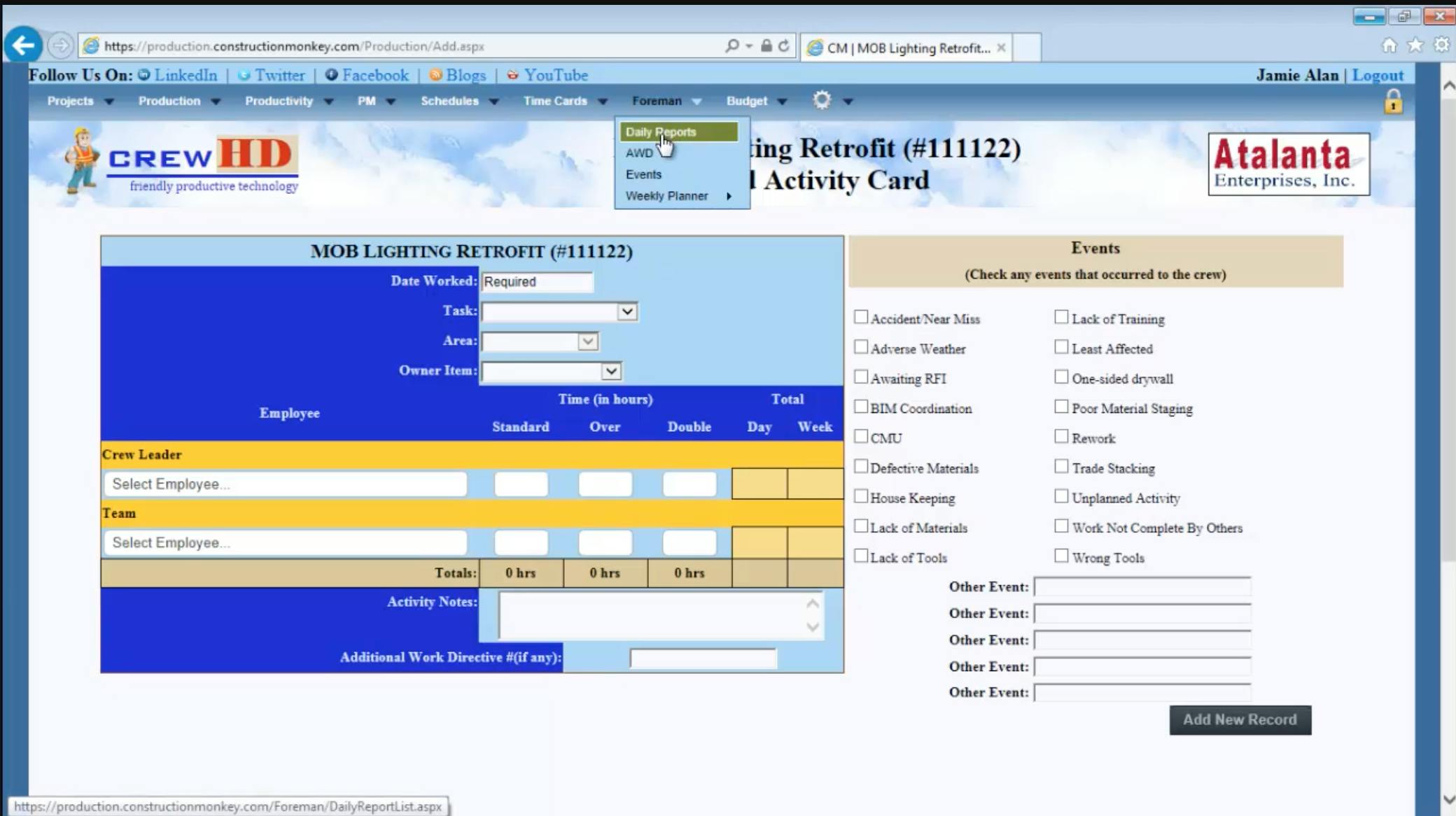Creating a daily job report on the Construction Monkey SaaS web app.