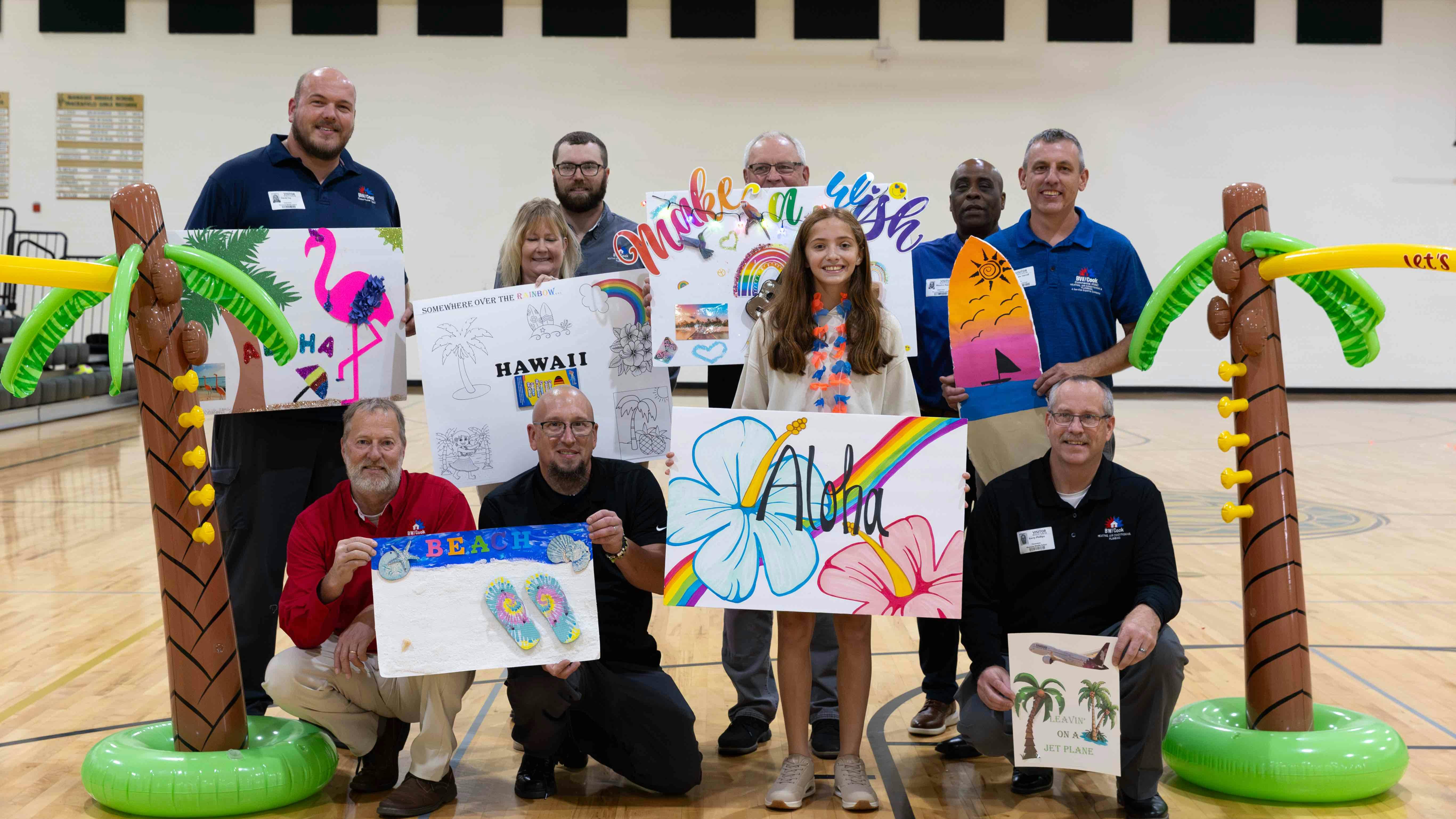 Anna and her wish-granters. Starting at back row from left to right: Derek Fey, Melissa Horvath, Ryan Phillips, Mark Dalrymple, Maurice Reeves, Matthew Harrell, Scott Peterson, Matthew Michele, and BW/Cook Service Experts GM Joe Phillips