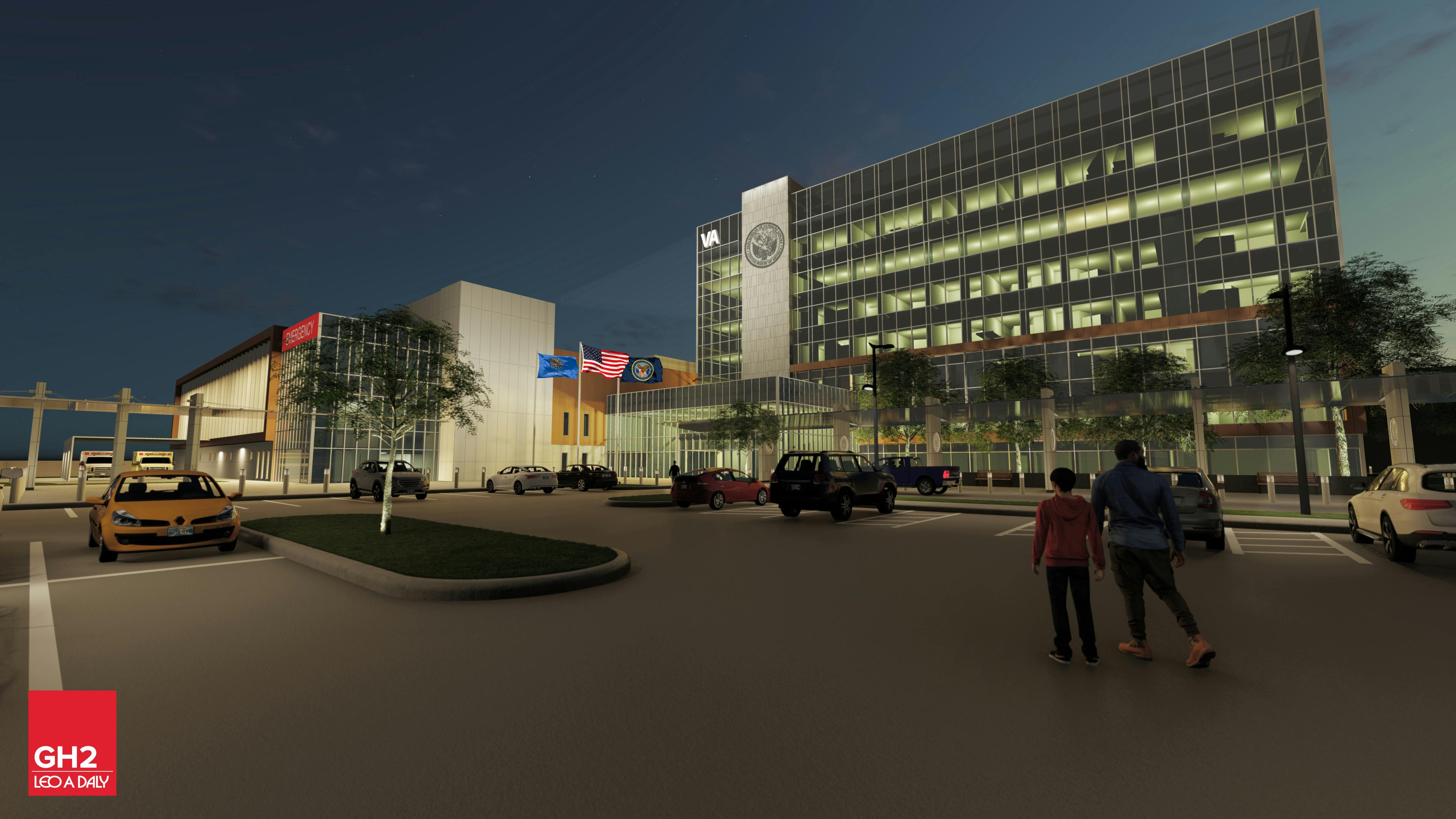 A computer rendering of the new medical campus at night.