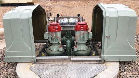 The trend toward above ground pump stations, exemplified by the EVERLAST&trade; Pump Stations pictured here, offers a commonsense solution to problems with submersible pumps, such as the frequent pulling and replacement due to clogs and failures, and the hazards of accessing confined spaces.