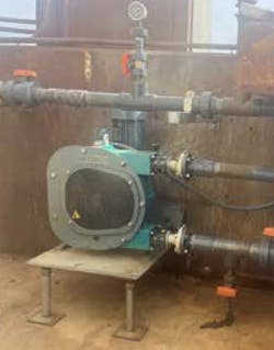 A PERIPRO® C10_0.1 pump on sodium hypochlorite metering service skid. A PERIPRO® C10_0.1 pump on sodium hypochlorite metering service skid.