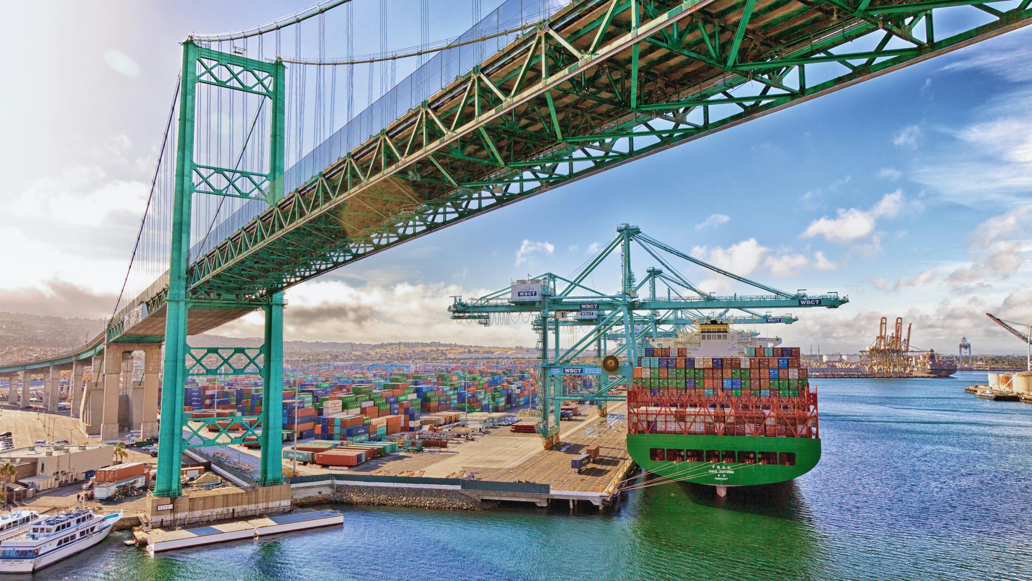 Containers and container ship at the vast Port of Los Angeles.