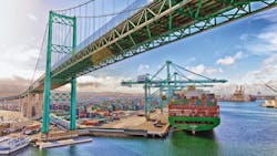 Containers and container ship at the vast Port of Los Angeles. Containers and container ship at the vast Port of Los Angeles.