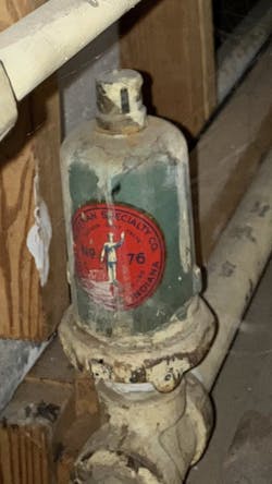 This 'Watchman of the Coal Pile' air vent had a built-in check valve that allowed air out, but closed to prevent air from re-entering the piping as the coal fire in the belly of the boiler lost temperature. This 'Watchman of the Coal Pile' air vent had a built-in check valve that allowed air out, but closed to prevent air from re-entering the piping as the coal fire in the belly of the boiler lost temperature.