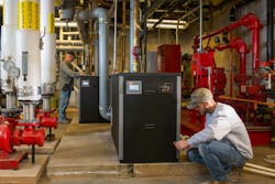 Good’s Lead Mechanic, Tom Grasse, and Project Manager, Don Landis, in the boiler room at Our Lady of Guadalupe. Good’s Lead Mechanic, Tom Grasse, and Project Manager, Don Landis, in the boiler room at Our Lady of Guadalupe.
