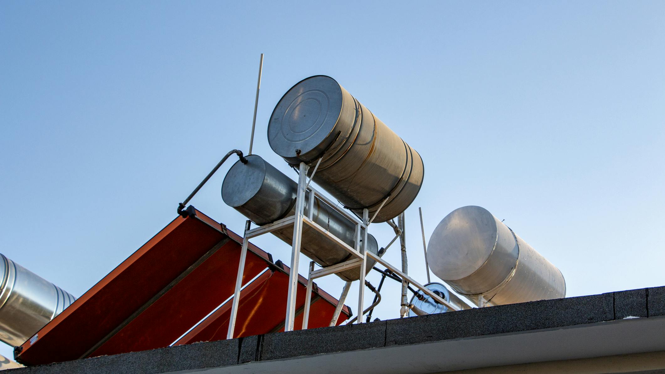 A rooftop-installed solar water heating system.