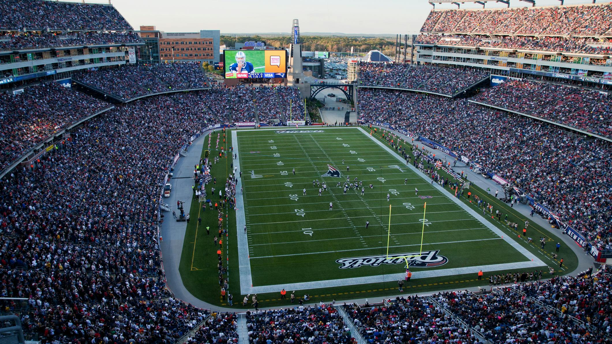 Elevated view of Gillette Stadium, Foxborough, MA.