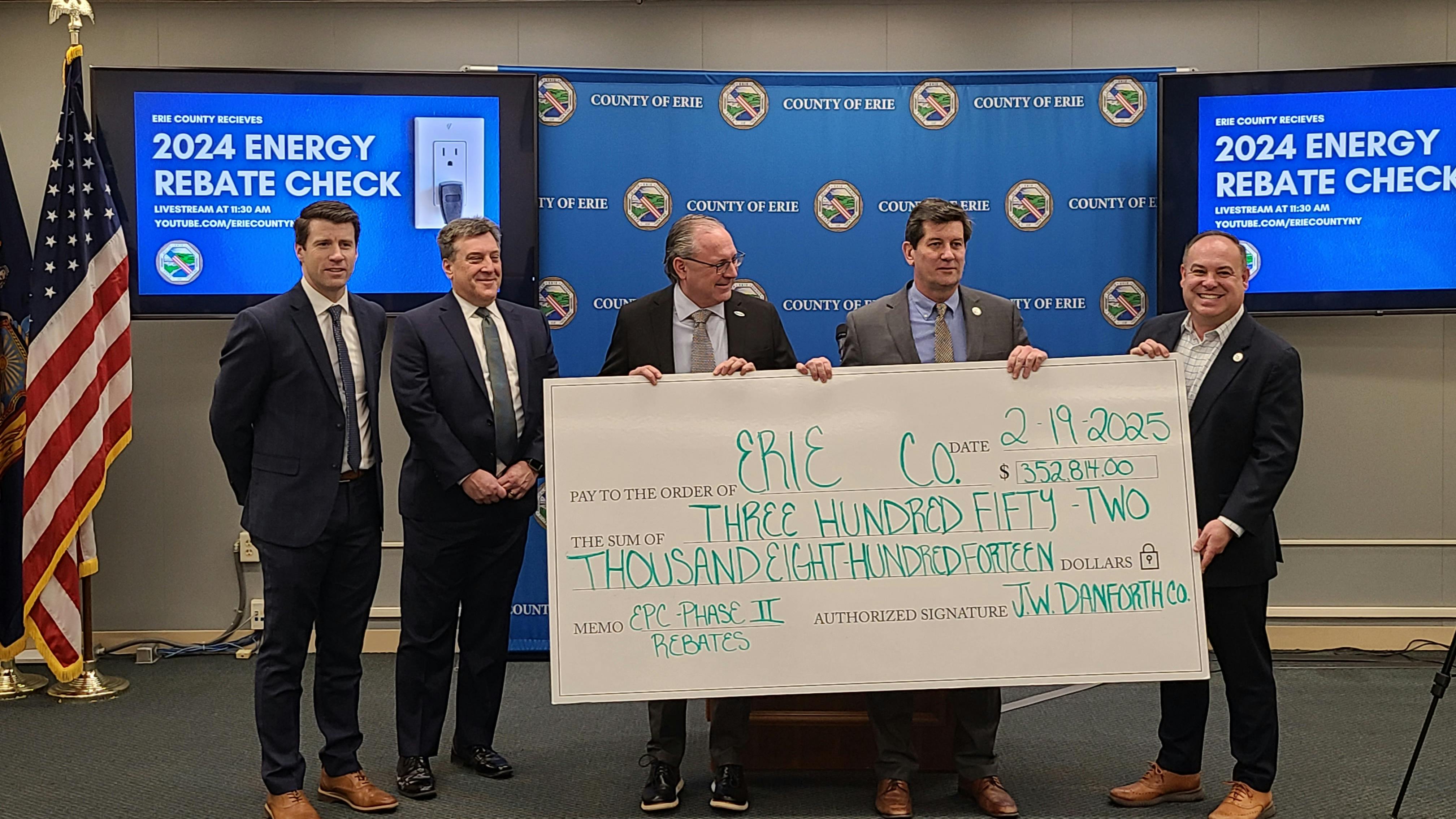 Pictured (L to R) are: Brian Welsch, Vice President, National Fuel Gas Distribution Corp.; Ken Kujawa, Regional Director, National Grid; Mike Haen, Energy Account, Executive, John W. Danforth Company; Erie County Executive Mark C. Poloncarz; and William Geary, Commissioner, Erie County Department of Public Works.