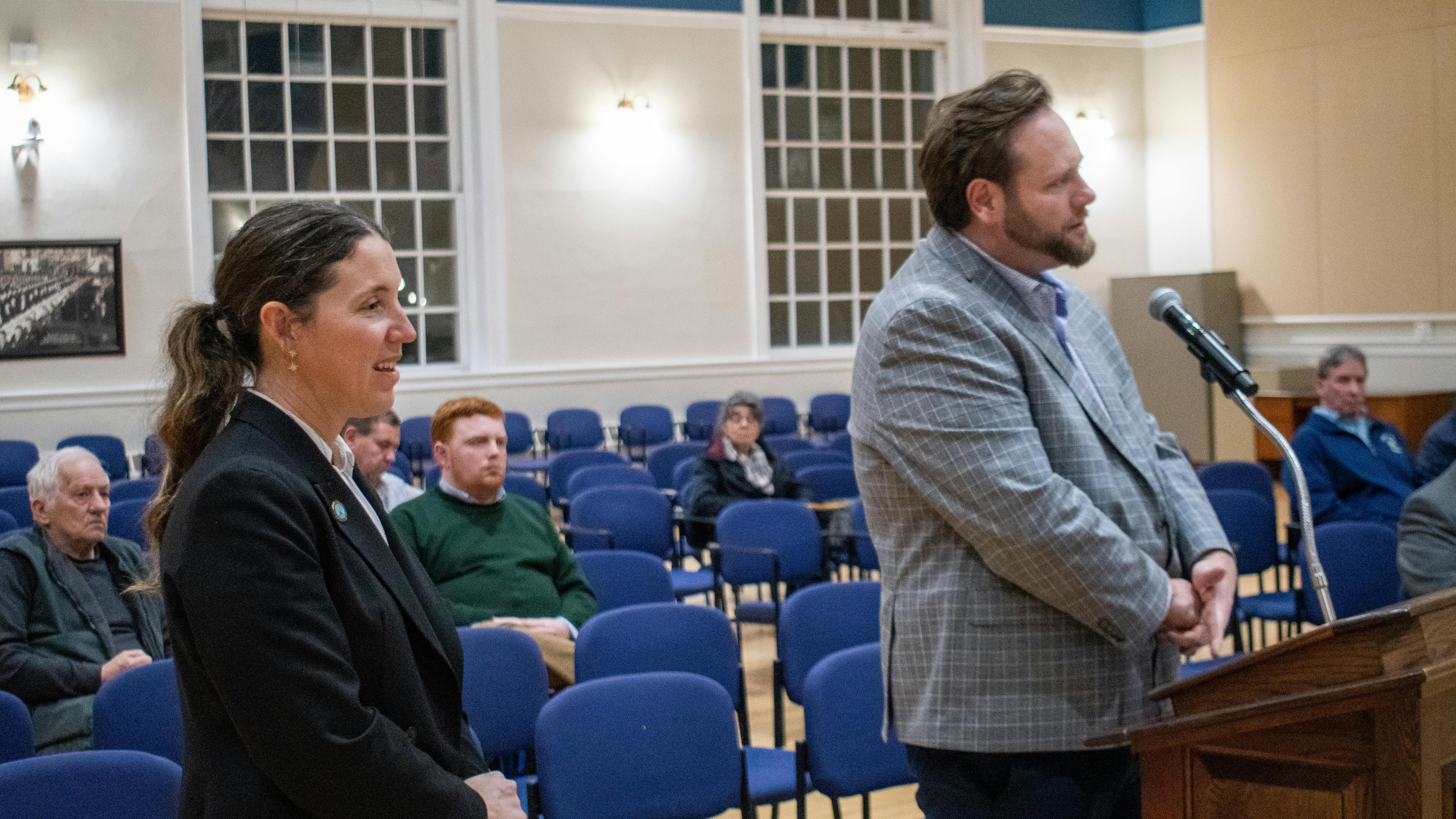 Braintree Mayor Erin Joyce and Plumbers and Gasfitters Local 12 Business Agent Pat Mulkerrin.