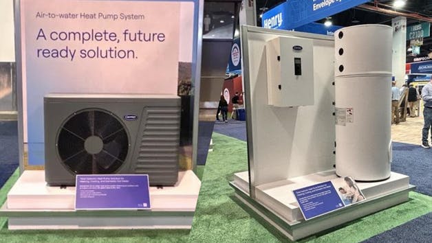 The new air-to-water heat pump at the Carrier booth at the International Builders Show in Las Vegas.