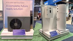 The new air-to-water heat pump at the Carrier booth at the International Builders Show in Las Vegas. The new air-to-water heat pump at the Carrier booth at the International Builders Show in Las Vegas.
