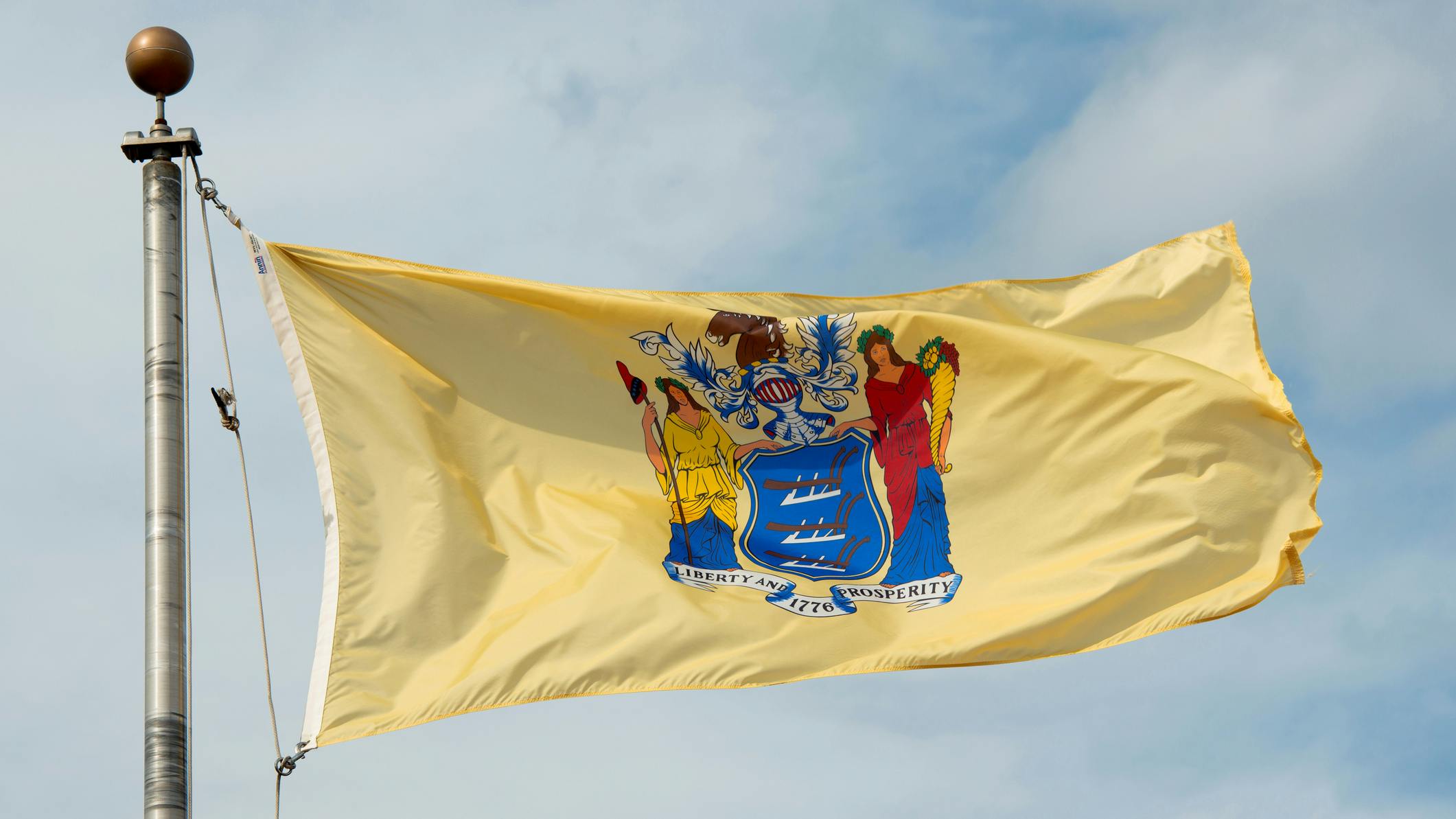 New Jersey state flag flies over the state capitol in Trenton.