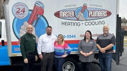 (Left to right) CEO of Leap Partners, John Cerasuolo; former owner, Lee Amos, and his wife, Bethany Amos; Leap Partners VP of HR, Safety and Risk, Kristi Toth; and Leap Partners VP of Regional Operations, Ben Scott. (Left to right) CEO of Leap Partners, John Cerasuolo; former owner, Lee Amos, and his wife, Bethany Amos; Leap Partners VP of HR, Safety and Risk, Kristi Toth; and Leap Partners VP of Regional Operations, Ben Scott.