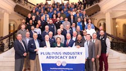 Massachusetts Gov. Maura Healey with the assembled plumbing industry representatives on the Grand Staircase of the Massachusetts State House. Massachusetts Gov. Maura Healey with the assembled plumbing industry representatives on the Grand Staircase of the Massachusetts State House.