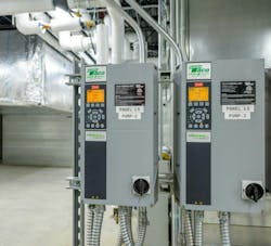 During operation, pump power and speed are monitored, enabling the controller to establish the hydraulic performance and position in the pump’s head-flow characteristic. During operation, pump power and speed are monitored, enabling the controller to establish the hydraulic performance and position in the pump’s head-flow characteristic.