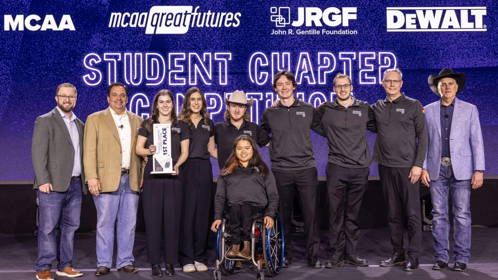 Pictured: Andrew Palcan (Career Development Committee Chair), Jon Howland (DEWALT Industrial Tool Company), McMaster University Students, Stephen Veldhuis (Faculty Advisor), Rick Gopffarth (MCAA President).