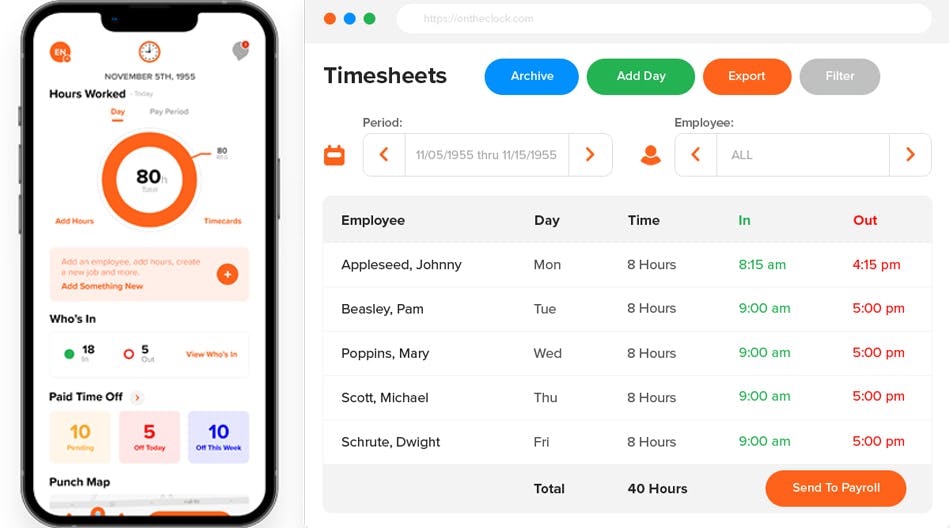 Two views of the On The Clock time tracking software.