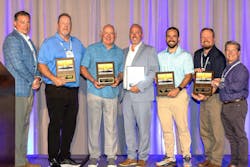 David Fink, president of PPI (left), congratulates the Municipal & Industrial Division’s Project of the Year winners from left to right, Brad Pounders, AGRU America; Steve Wilson, North County Fusion; Mark Peters, Garney Construction; Paul Longo, Dewberry Engineering; Matt Haun, Performance Pipe; and David Hanks, High Country Fusion. David Fink, president of PPI (left), congratulates the Municipal & Industrial Division’s Project of the Year winners from left to right, Brad Pounders, AGRU America; Steve Wilson, North County Fusion; Mark Peters, Garney Construction; Paul Longo, Dewberry Engineering; Matt Haun, Performance Pipe; and David Hanks, High Country Fusion.