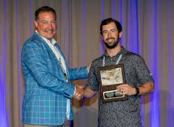 Tanner Morgan (right) of FlexSteel receives the Energy Piping Systems Division’s Project of the Year Award from PPI President David Fink. Tanner Morgan (right) of FlexSteel receives the Energy Piping Systems Division’s Project of the Year Award from PPI President David Fink.