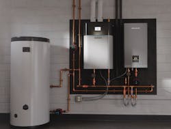 Indoor split units integrate an air-to-water heat pump into an existing gas boiler system to manage heat pump operation and ensure seamless transitions between heat sources. Indoor split units integrate an air-to-water heat pump into an existing gas boiler system to manage heat pump operation and ensure seamless transitions between heat sources.