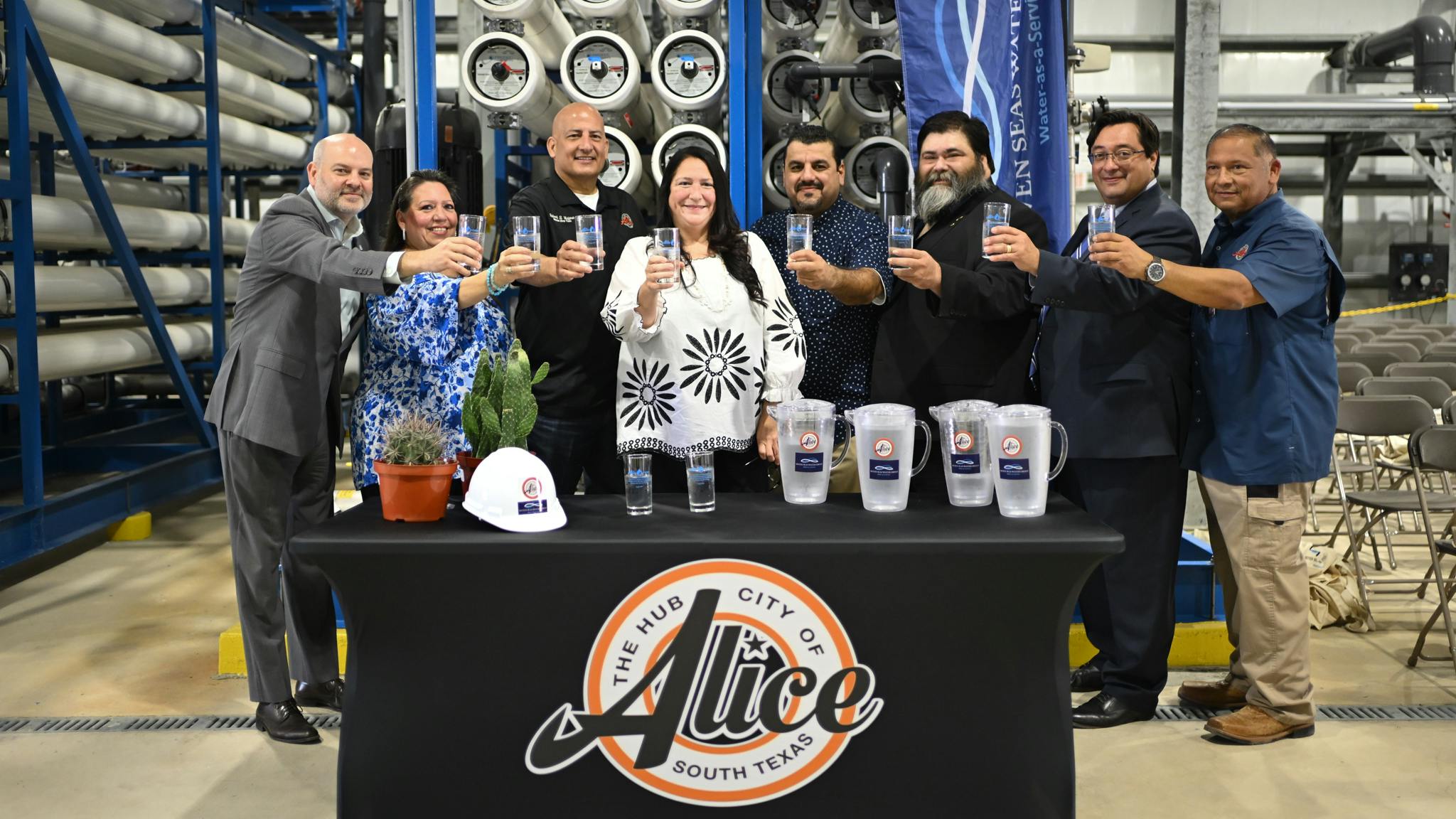 From left to right: SSWG CEO Henry Charrab&eacute;, Mayor Cynthia Carrasco, Mayor Pro Tem Robert Molina, Councilmember Sandra Bowen, Councilmember Pete Beltran, Councilmember Mauricio R Garza II, City Manager Michael Esparza, Public Works Director of Utilities Demetrio Duarte.