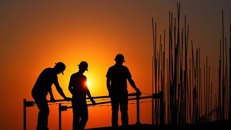 Construction workers at sunset.