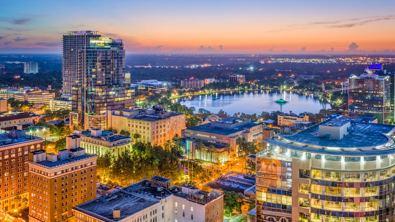 Orlando, Florida, aerial skyline towards Lake Eola.