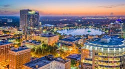 Orlando, Florida, aerial skyline towards Lake Eola. Orlando, Florida, aerial skyline towards Lake Eola.
