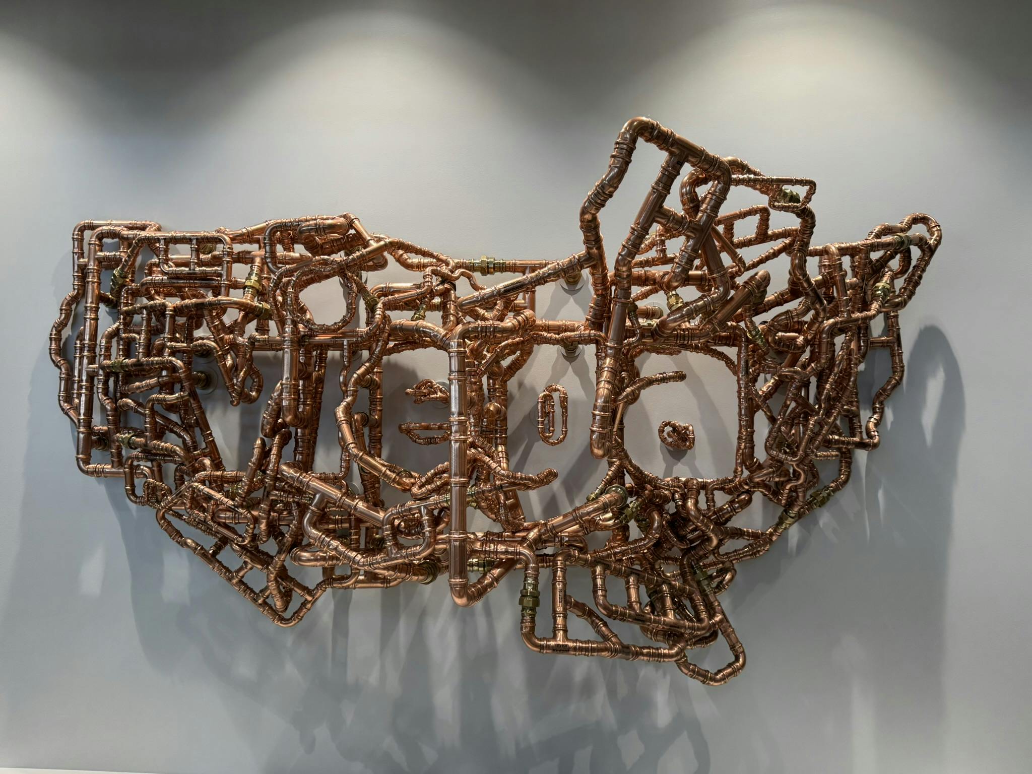 Artist Michael Murphy created an installation transforming Viega ProPress fittings into a floating image of the United States. The piece is located in the new Ohio facility lobby. From head on, you can see the name 'Viega' spelled out. From the right, it forms the state of Ohio.