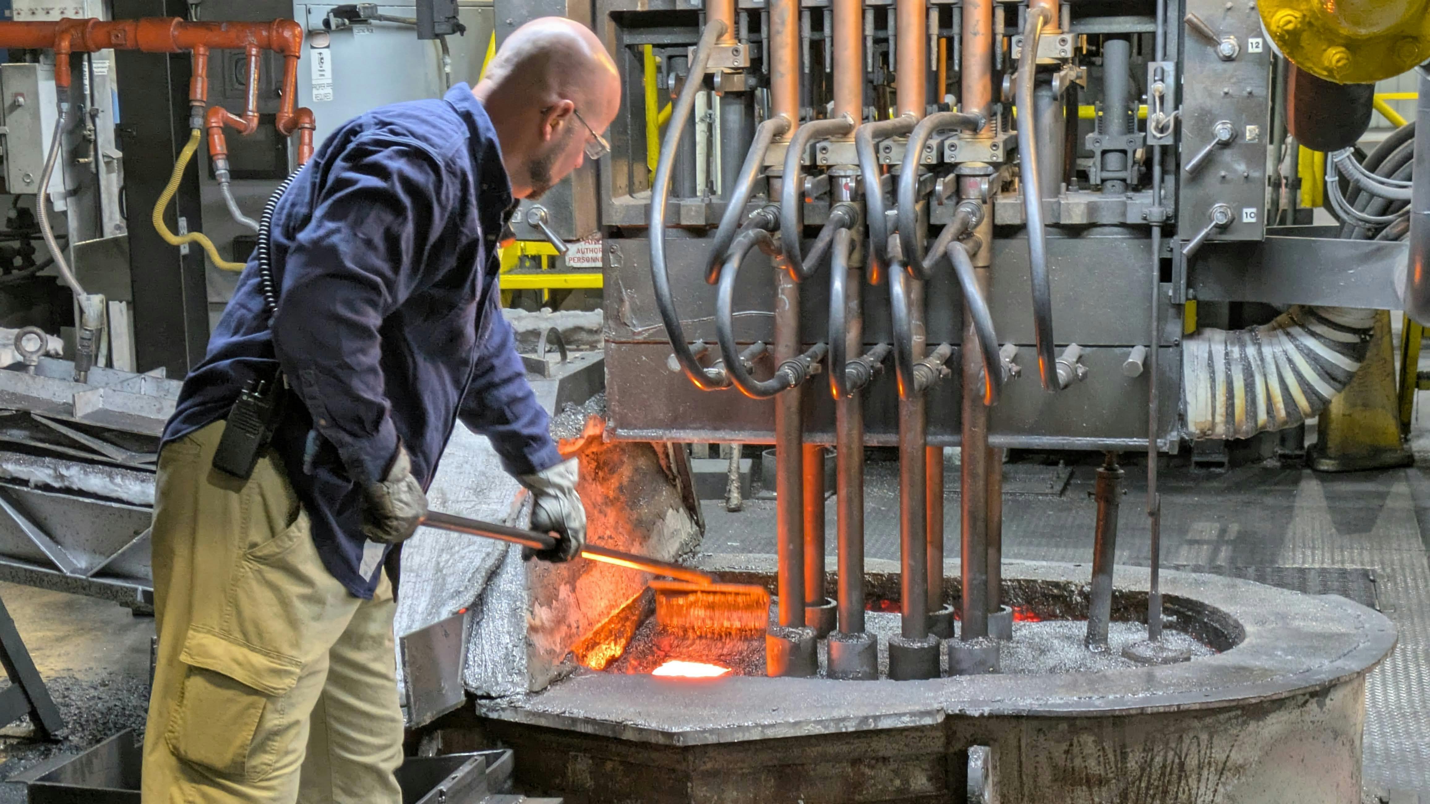 Working with molten copper at the NIBCO plant in Stuarts Draft, VA.