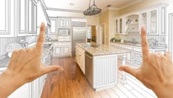 Female Hands Framing Gradated Custom Kitchen Design Drawing and Photo Combination. Female Hands Framing Gradated Custom Kitchen Design Drawing and Photo Combination.